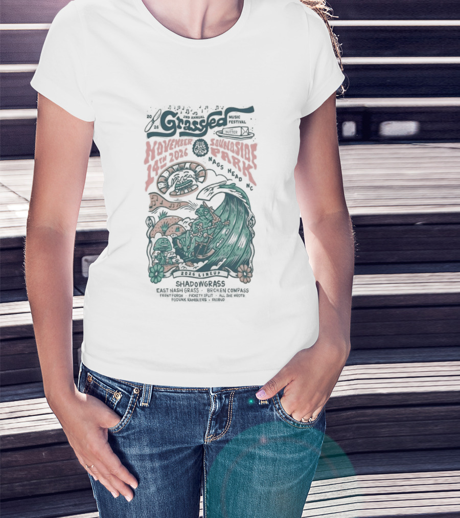 Shadowgrass November 14 2026 Nags Head NC Psychedelic Swirling Mushroom Wave T-Shirt