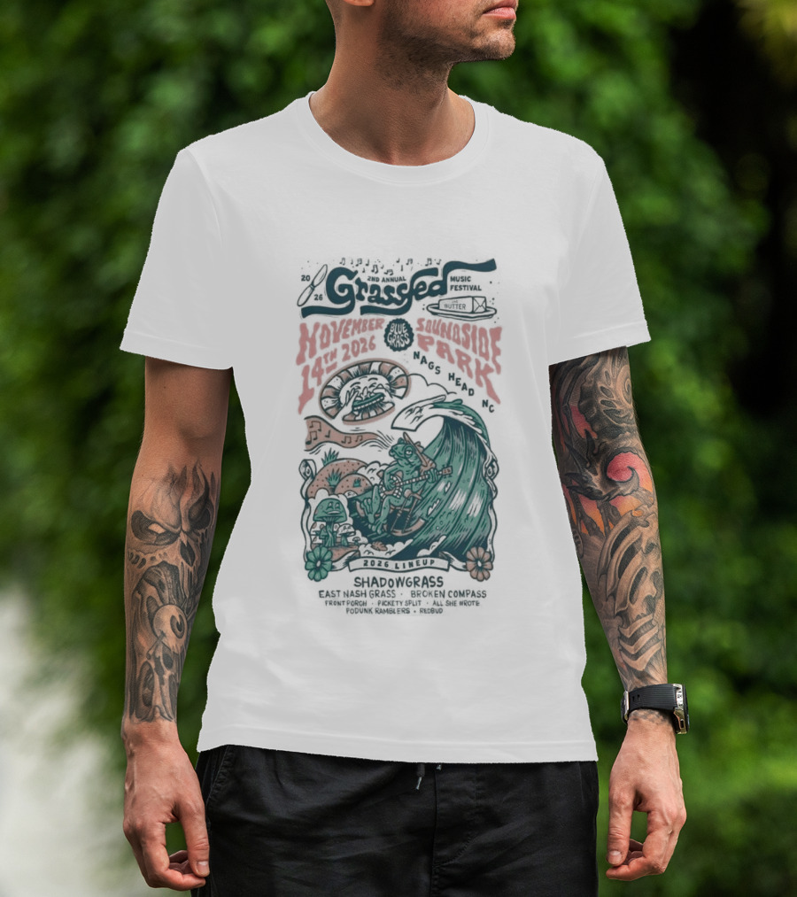 Shadowgrass November 14 2026 Nags Head NC Psychedelic Swirling Mushroom Wave T-Shirt