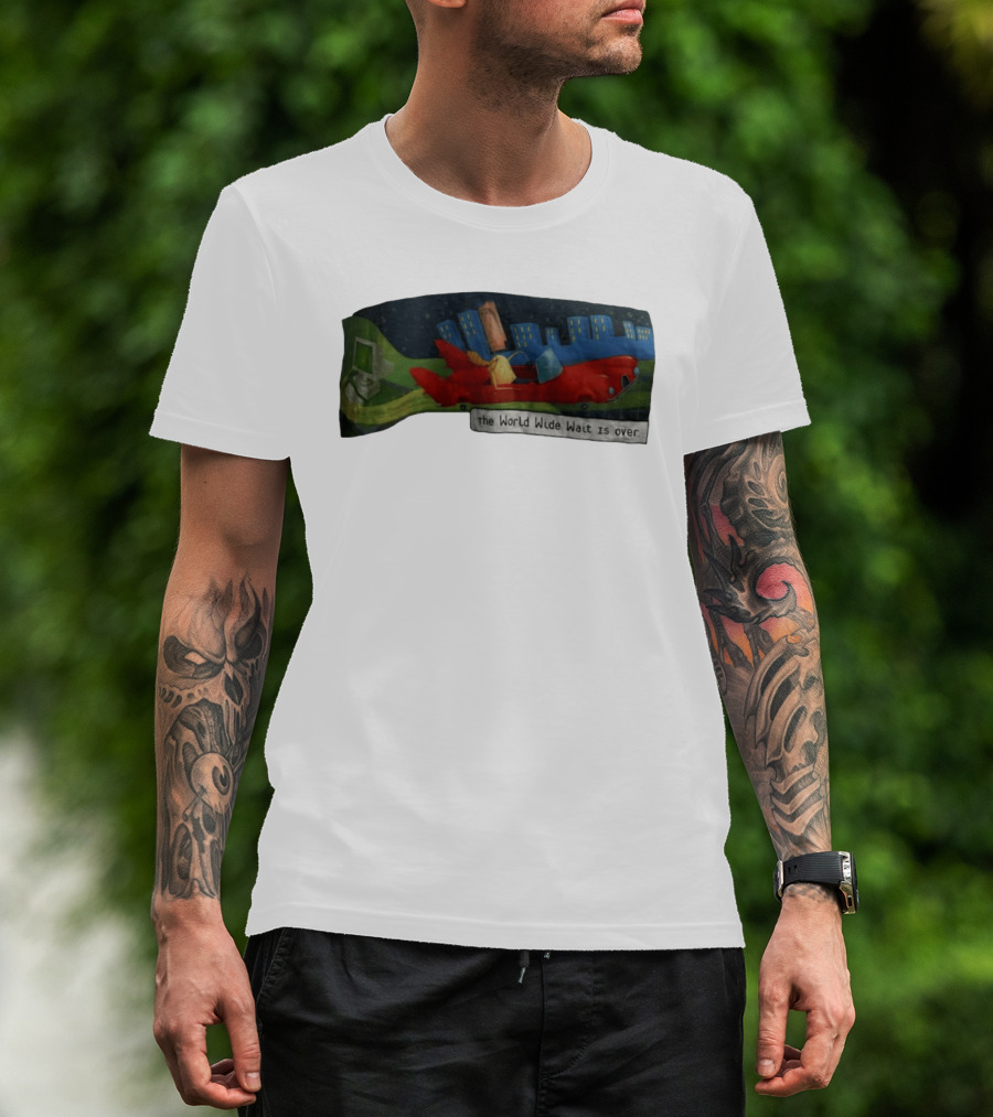 The World Wide Wait Is Over Red Car Cityscape Adventure T-Shirt