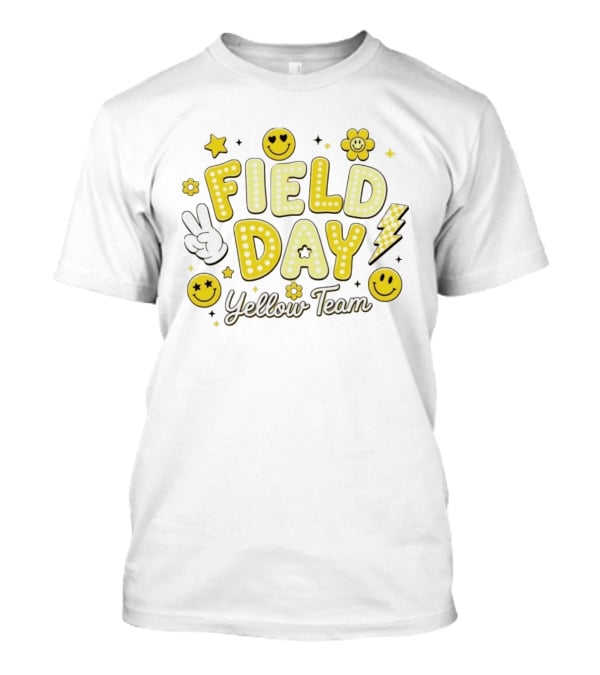 Field Day Yellow Team Smiley Faces Peace Sign Stars And Lightning Bolt T-Shirt