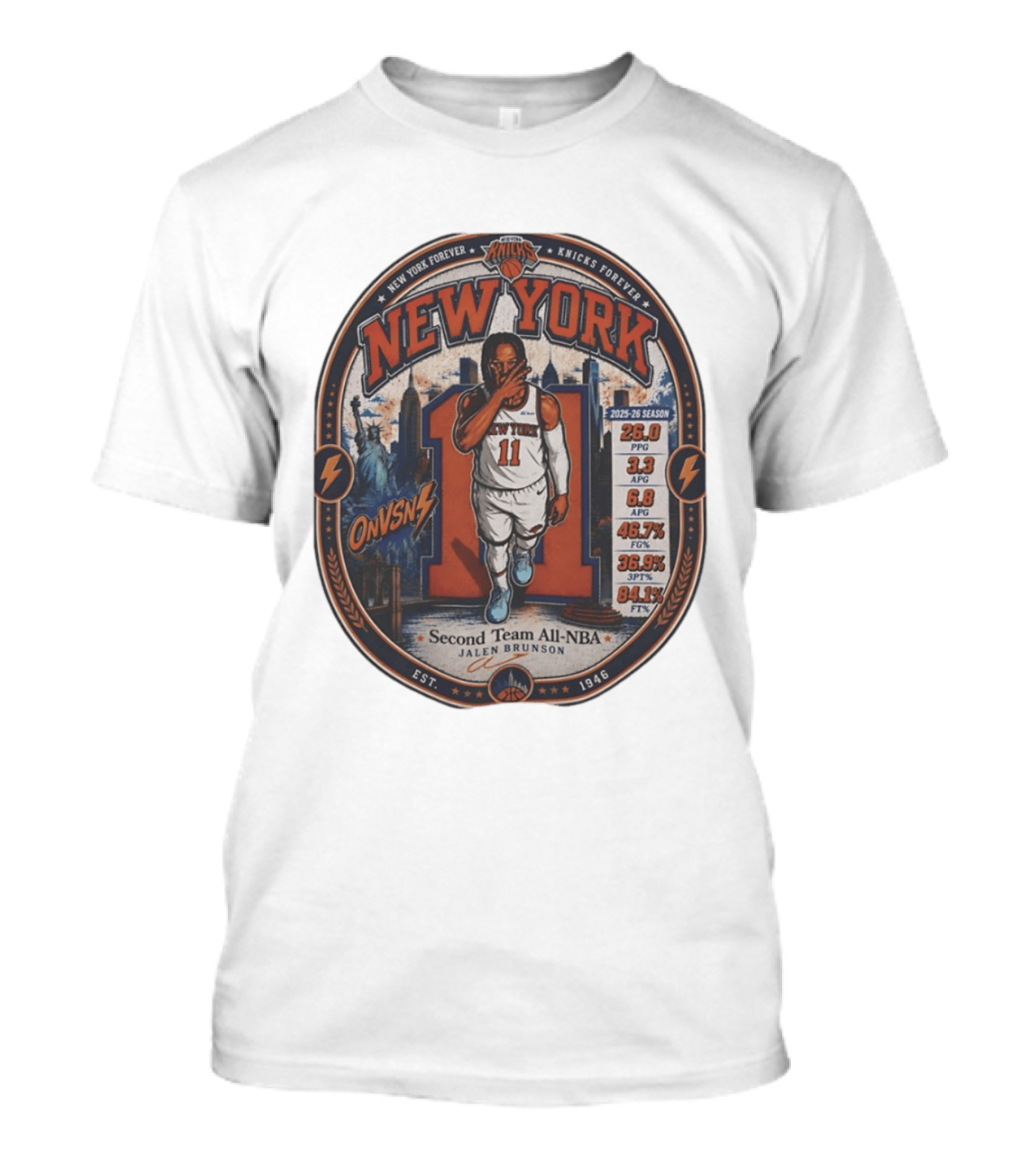 Jalen Brunson New York 11 Knicks Forever Second Team All NBA 2025 26 Season Stats T-Shirt