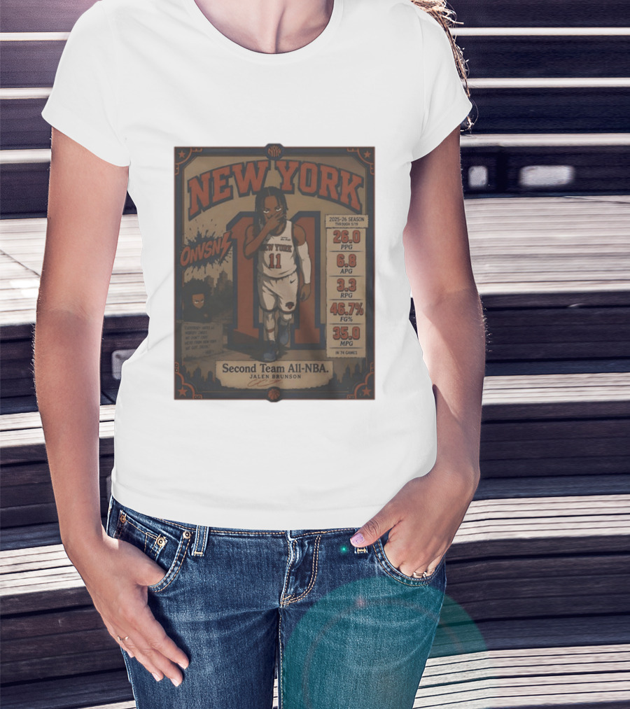 New York Knicks Jalen Brunson Second Team All NBA 2025 26 Season Stats And Animation T-Shirt