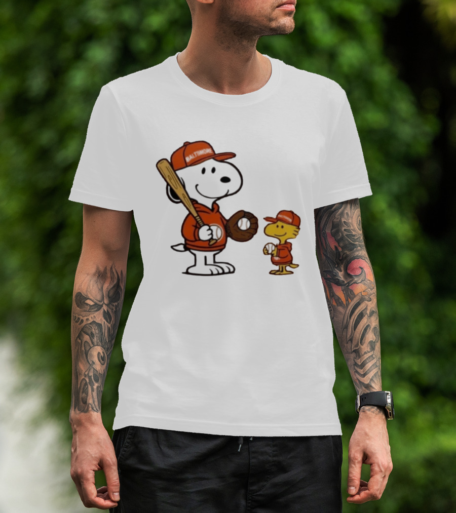 Snoopy Woodstock Baseball Baltimore Orioles Fan Gear T-Shirt