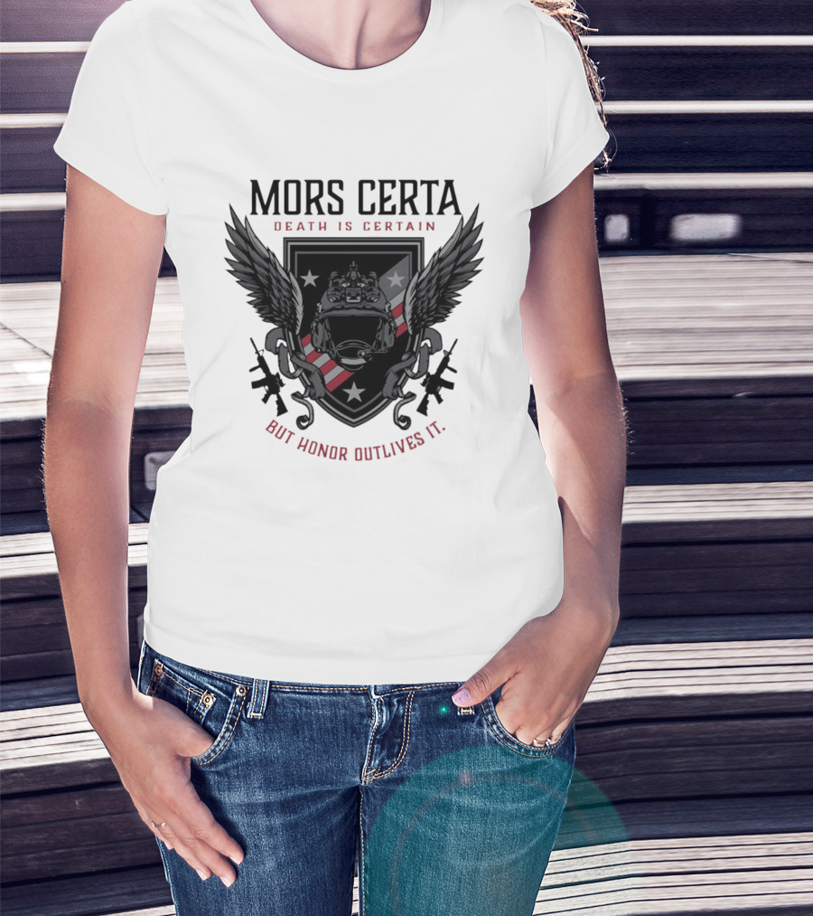 Mors Certa Death Is Certain But Honor Outlives It Winged Helmet Warrior's Legacy T-Shirt