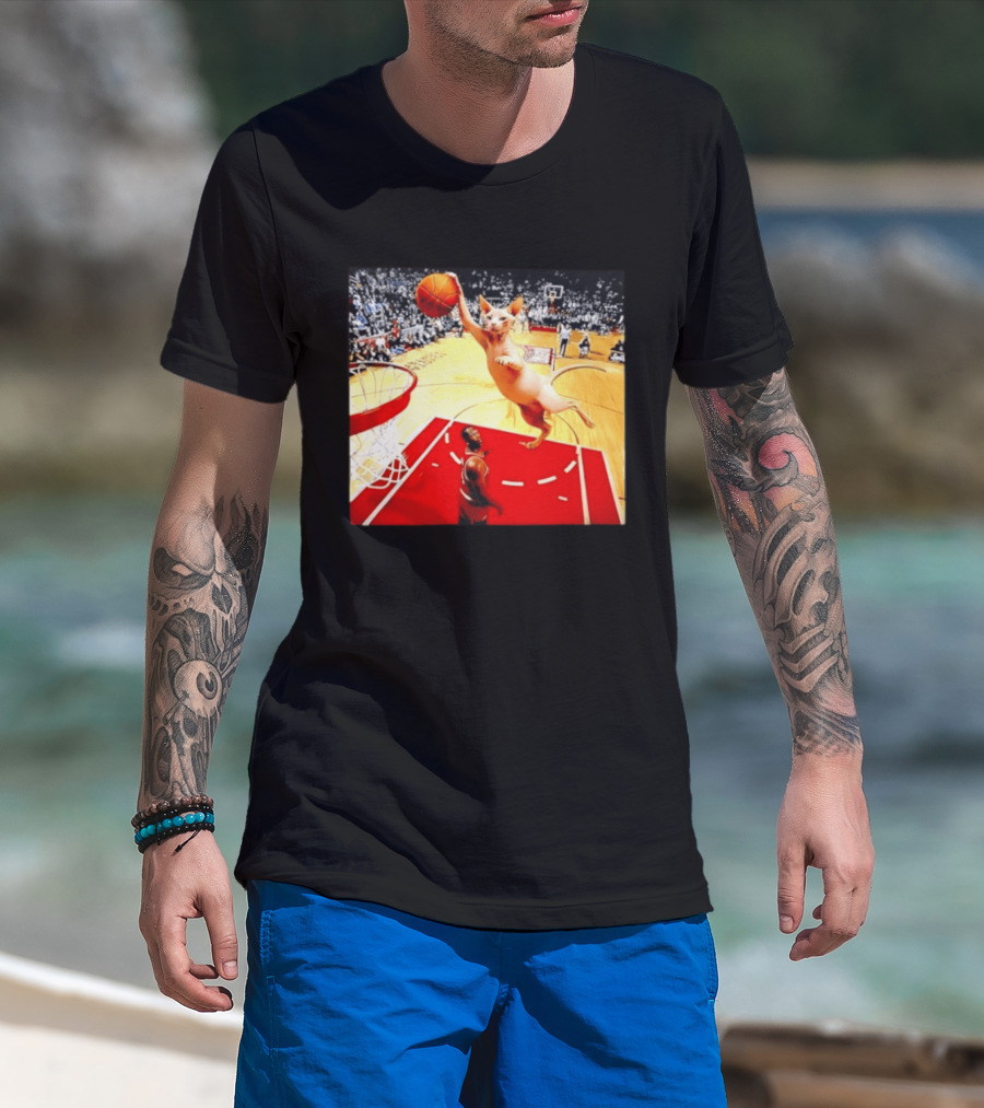 Sphynx Cat Slam Dunk Basketball Scene With Crowd T-Shirt