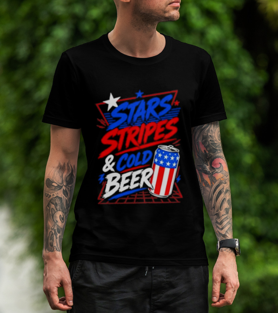 Stars Stripes And Cold Beer American Flag Can Patriotic Celebration T-Shirt