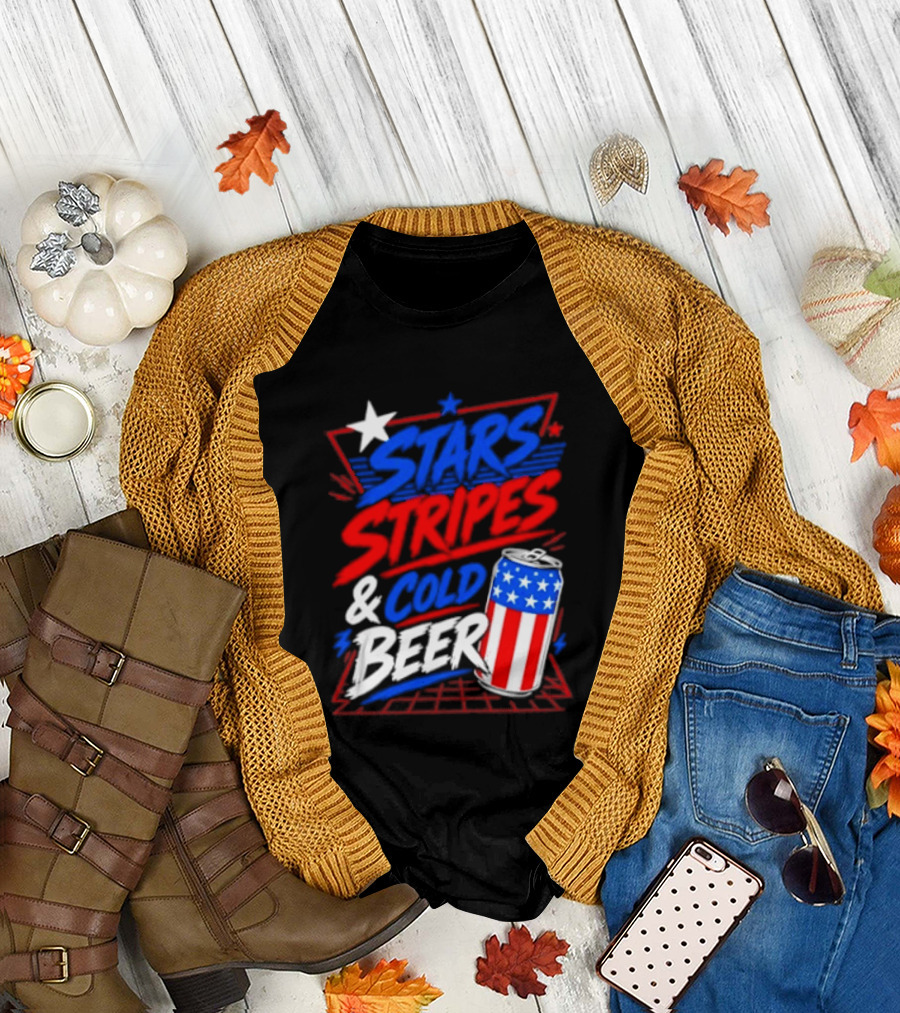 Stars Stripes and Cold Beer American Flag Can Patriotic Celebration T-Shirt