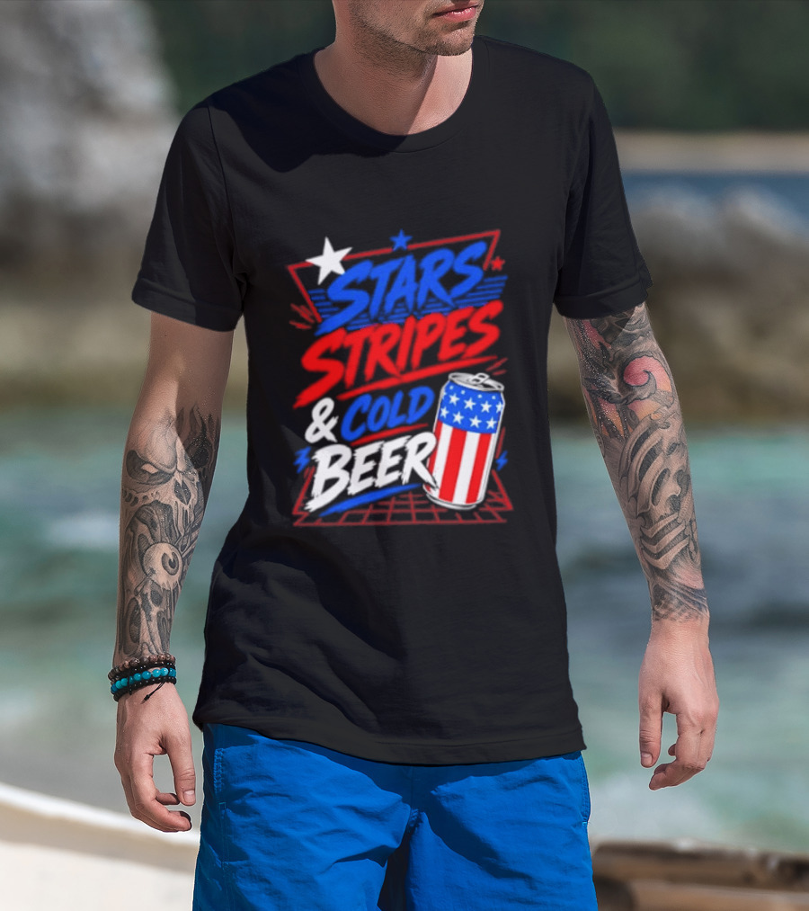 Stars Stripes And Cold Beer American Flag Can Patriotic Celebration T-Shirt