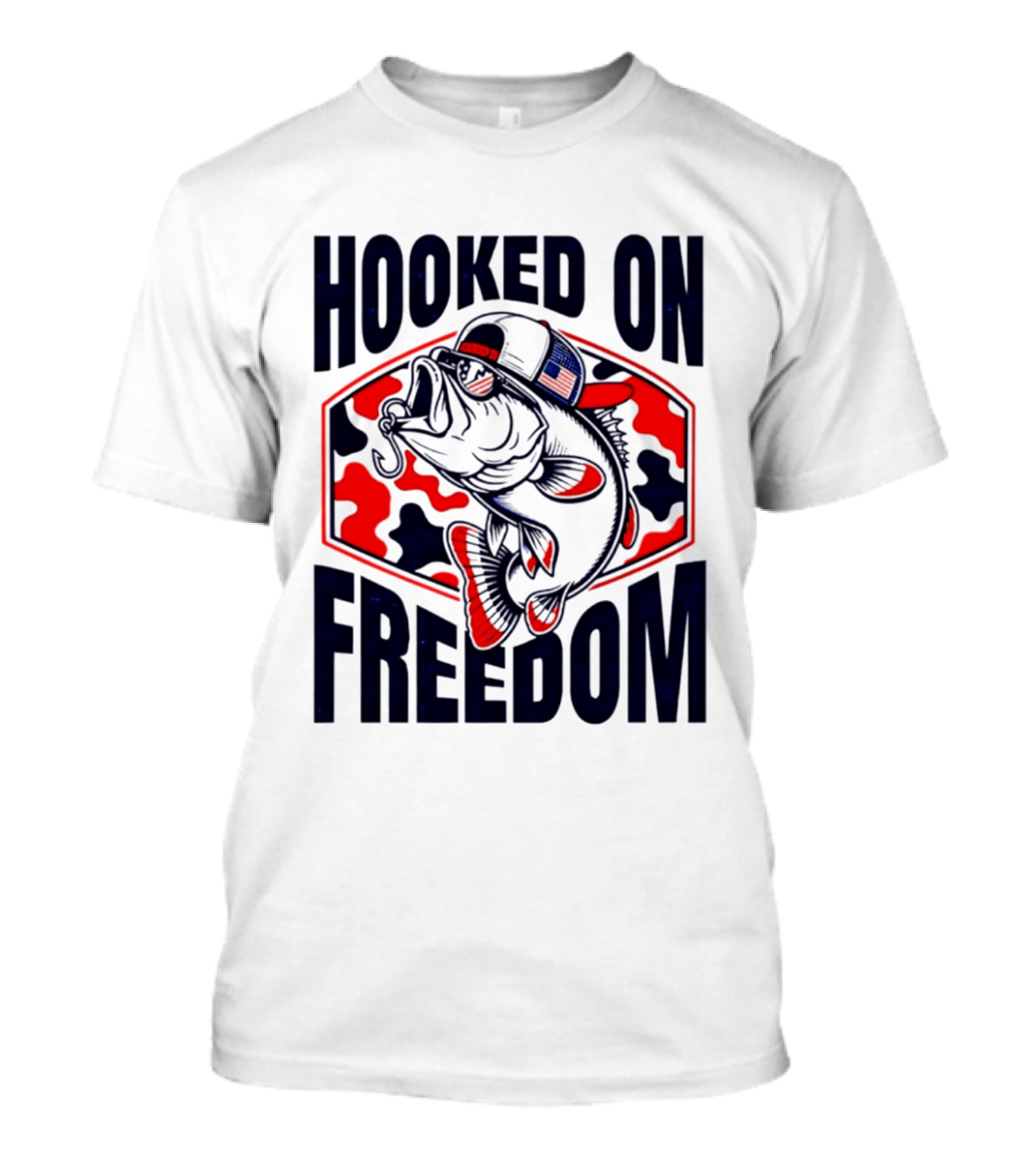 Hooked On Freedom Patriotic Fish Camo Hat T-Shirt