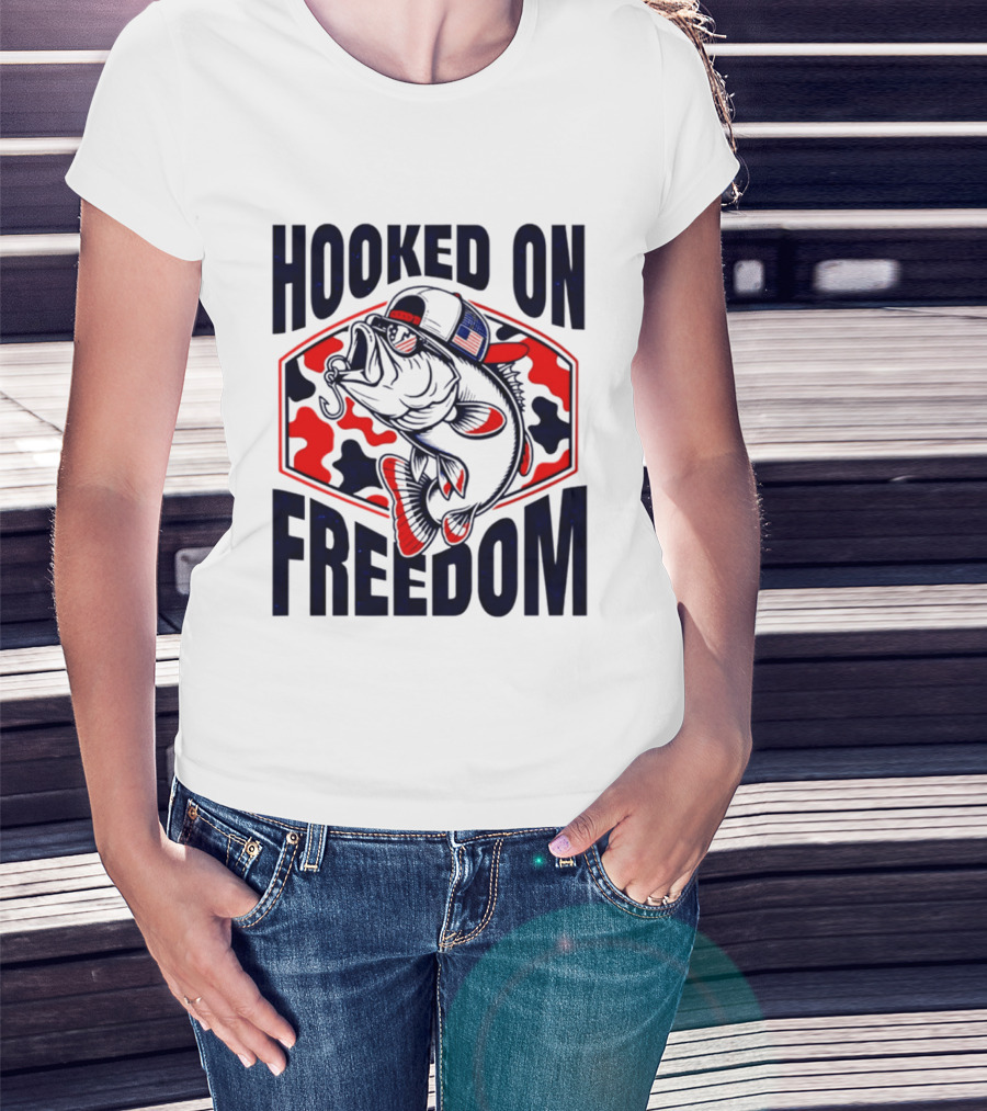 Hooked On Freedom Patriotic Fish Camo Hat T-Shirt