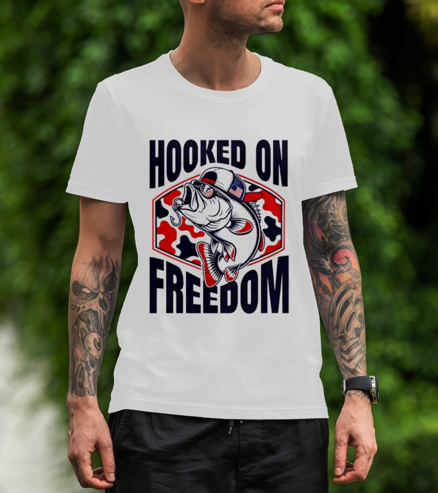 Hooked On Freedom Patriotic Fish Camo Hat T-Shirt