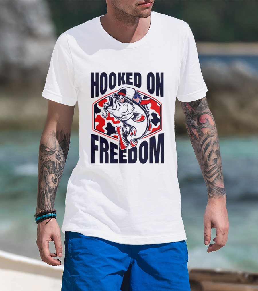 Hooked On Freedom Patriotic Fish Camo Hat T-Shirt