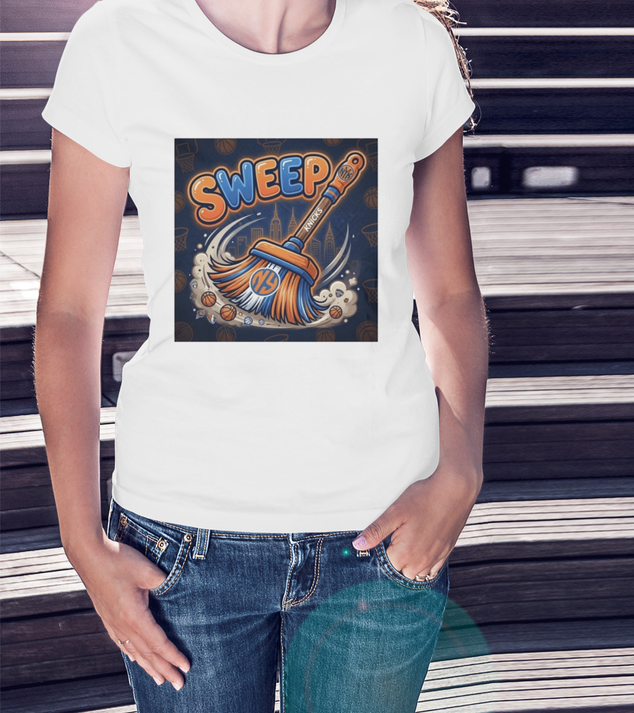 New York Knicks Sweep East Champs Basketball Skyline Broom T-Shirt