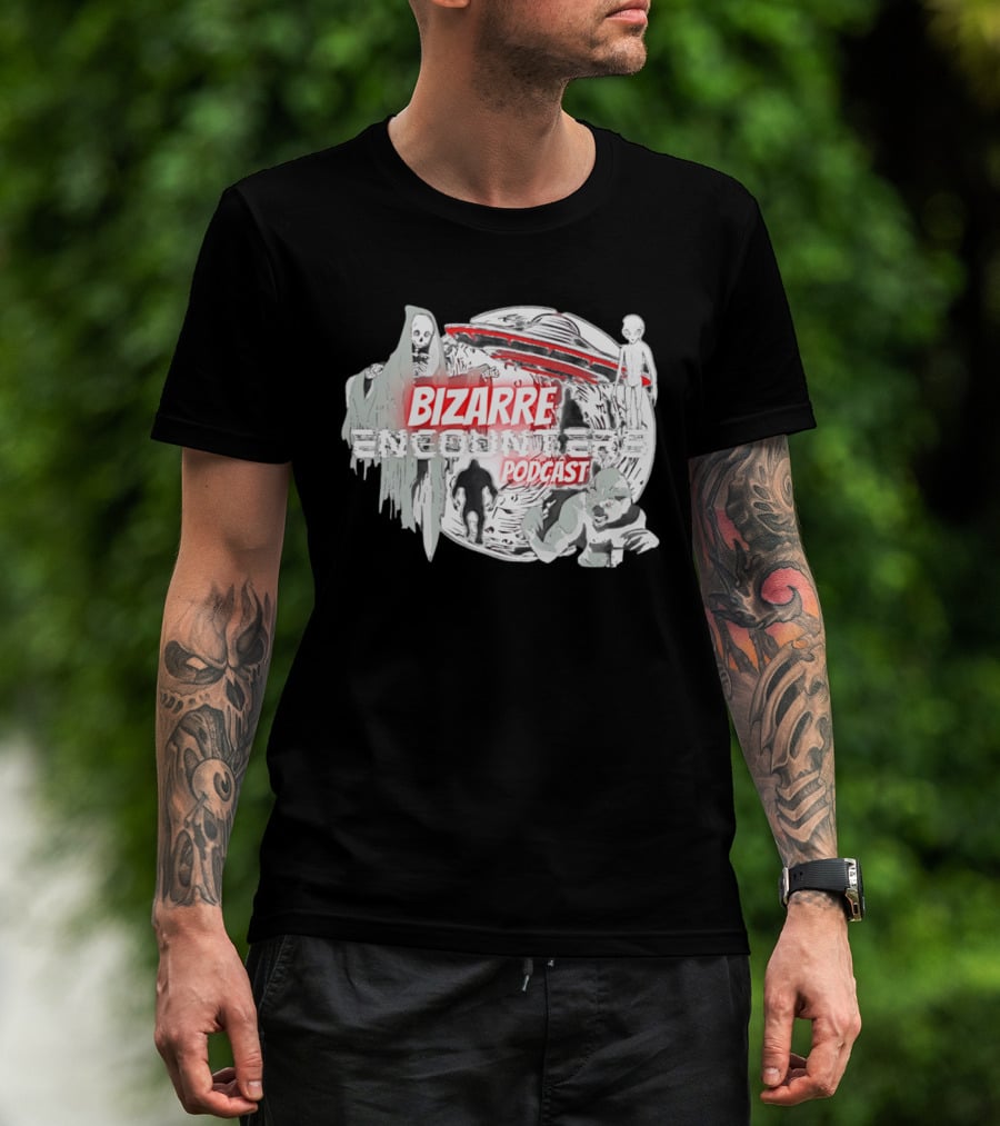 Bizarre Encounters Podcast UFO Aliens Skeletons Paranormal Illustrations T-Shirt