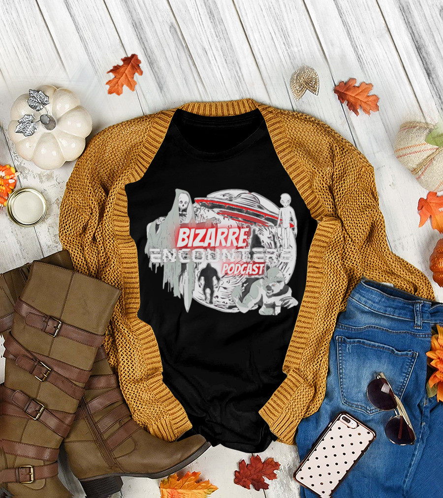 Bizarre Encounters Podcast UFO Aliens Skeletons Paranormal Illustrations T-Shirt