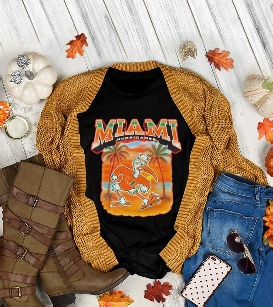 Miami Hurricanes Sebastian with Palm Trees and Sunset Beach Scene T-Shirt