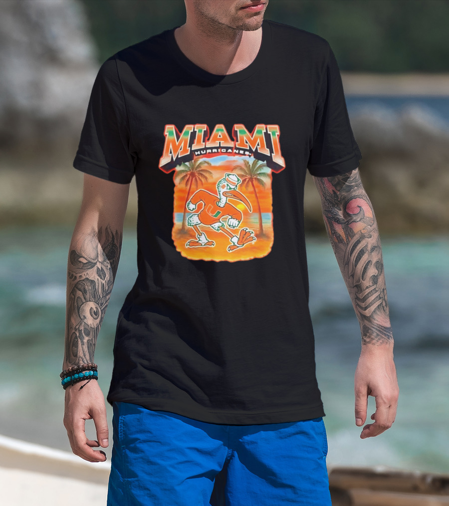 Miami Hurricanes Sebastian With Palm Trees And Sunset Beach Scene T-Shirt