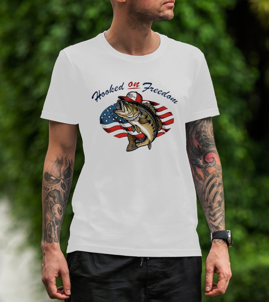 Hooked On Freedom Fish American Flag T-Shirt