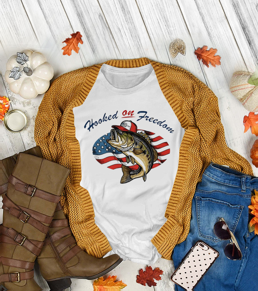 Hooked on Freedom Fish American Flag T-Shirt