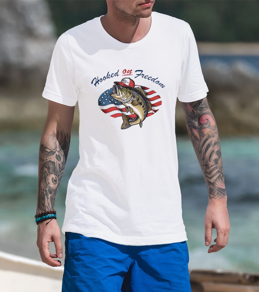 Hooked On Freedom Fish American Flag T-Shirt