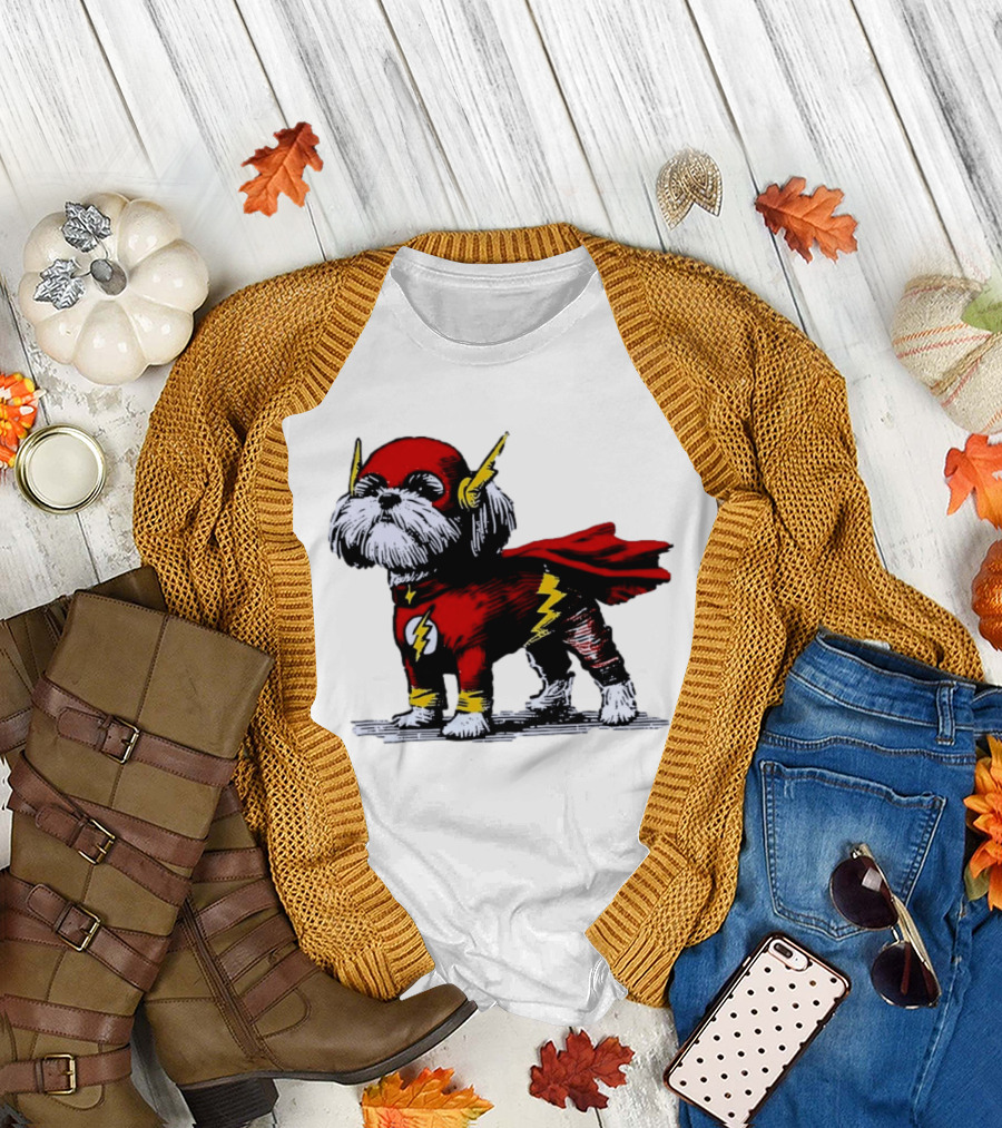 Shih Tzu Dog in The Flash Superhero Costume with Lightning Bolt T-Shirt