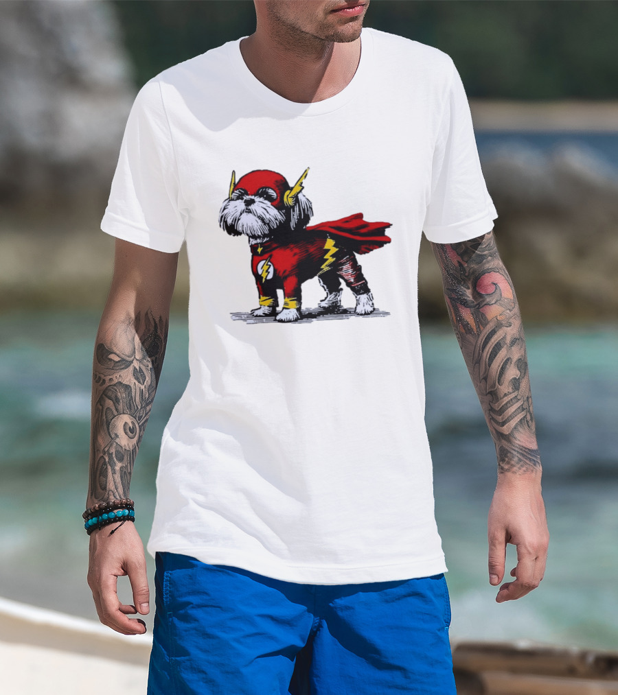 Shih Tzu Dog In The Flash Superhero Costume With Lightning Bolt T-Shirt
