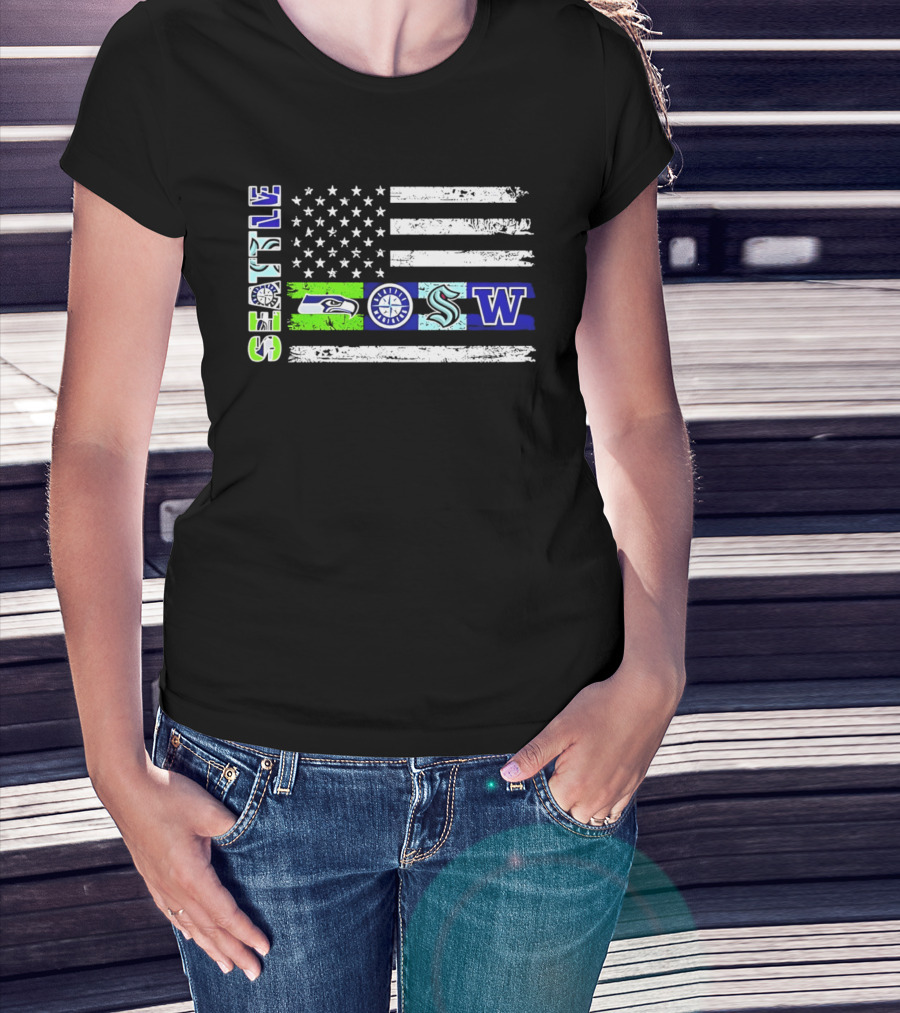 Seattle Seahawks Mariners Kraken Washington Flag T-Shirt