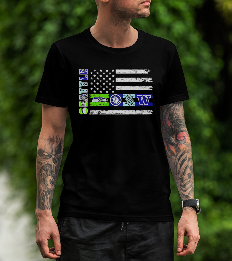 Seattle Seahawks Mariners Kraken Washington Flag T-Shirt