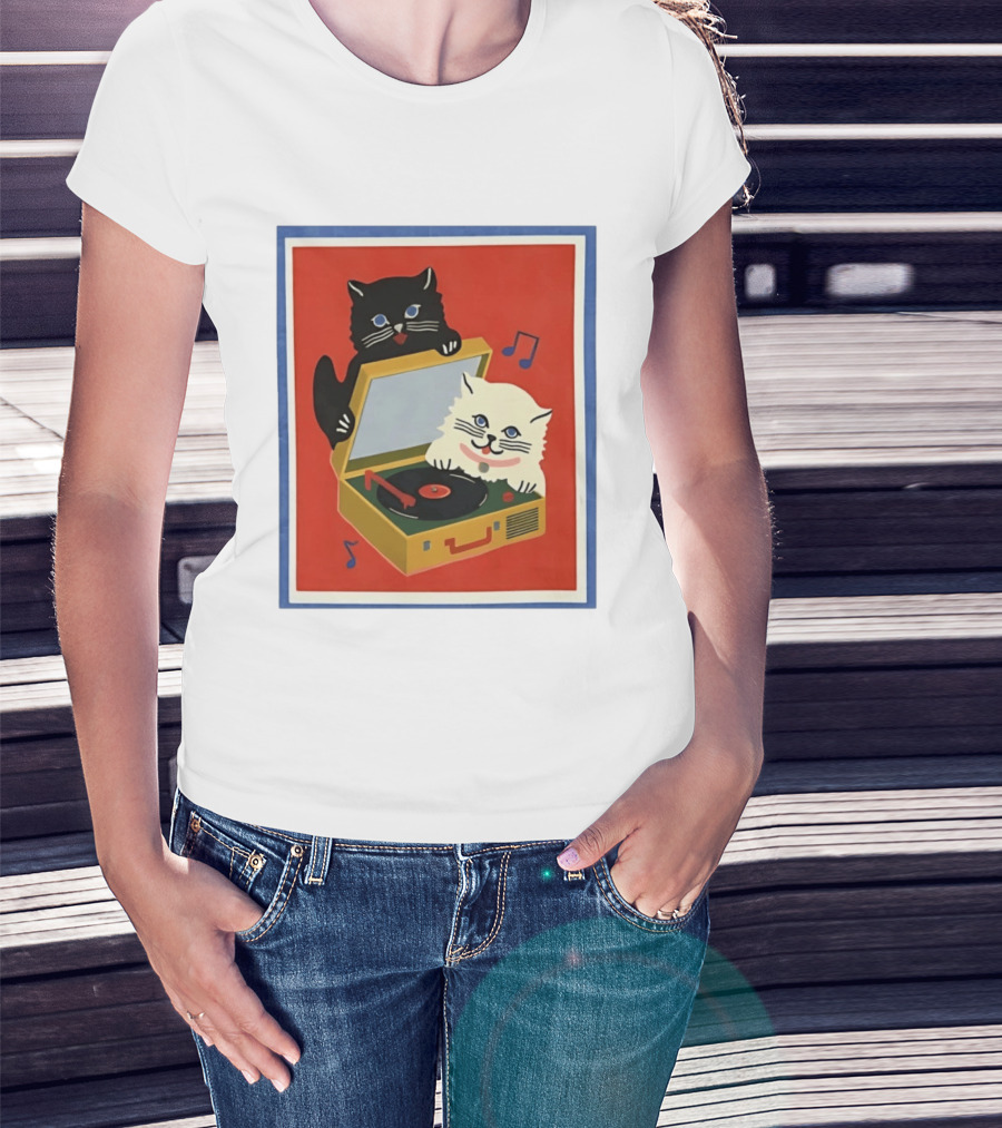 Alley Cats With Record Player And Musical Notes T-Shirt