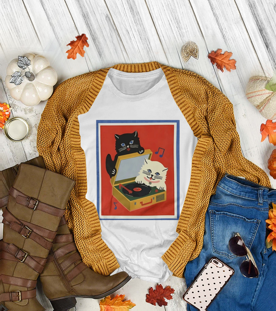 Alley Cats with Record Player and Musical Notes T-Shirt
