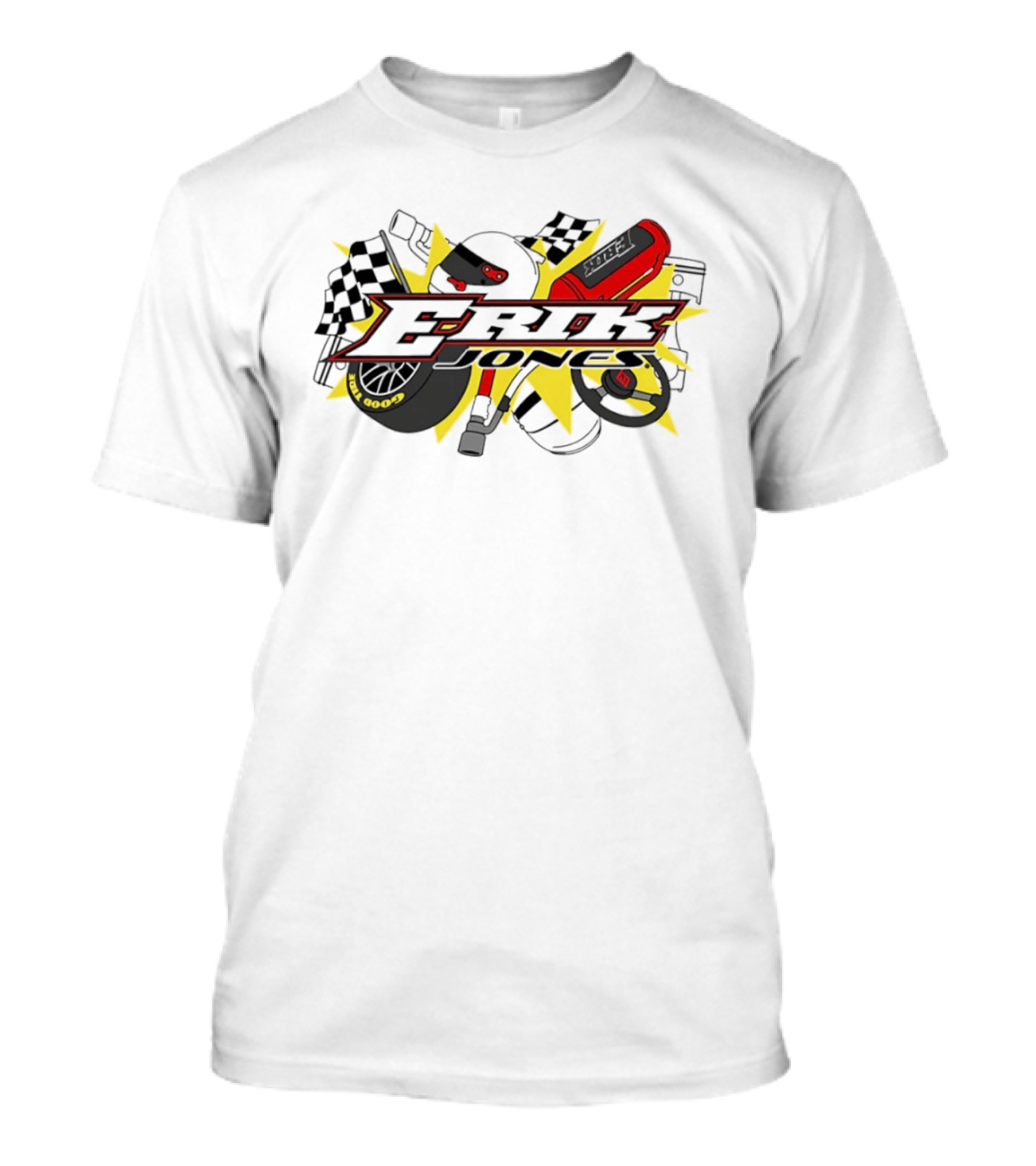 Erik Jones NASCAR Goodyear Racing EROK Motorsports Flags Tire Helmet Steering Wheel T-Shirt