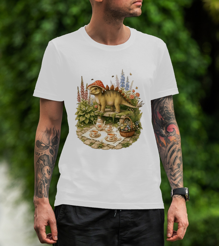 Baby Stegosaurus Wearing Red Mushroom Hat With Vintage Tea Party Garden Scene T-Shirt