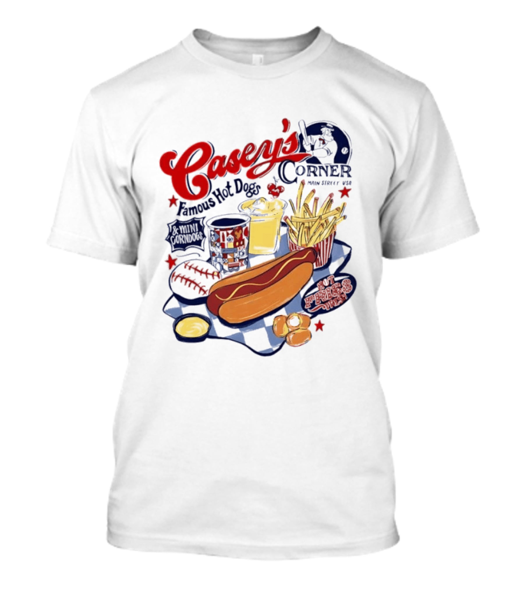 Casey's Corner Famous Hot Dogs Main Street USA Baseball Player Snacks T-Shirt