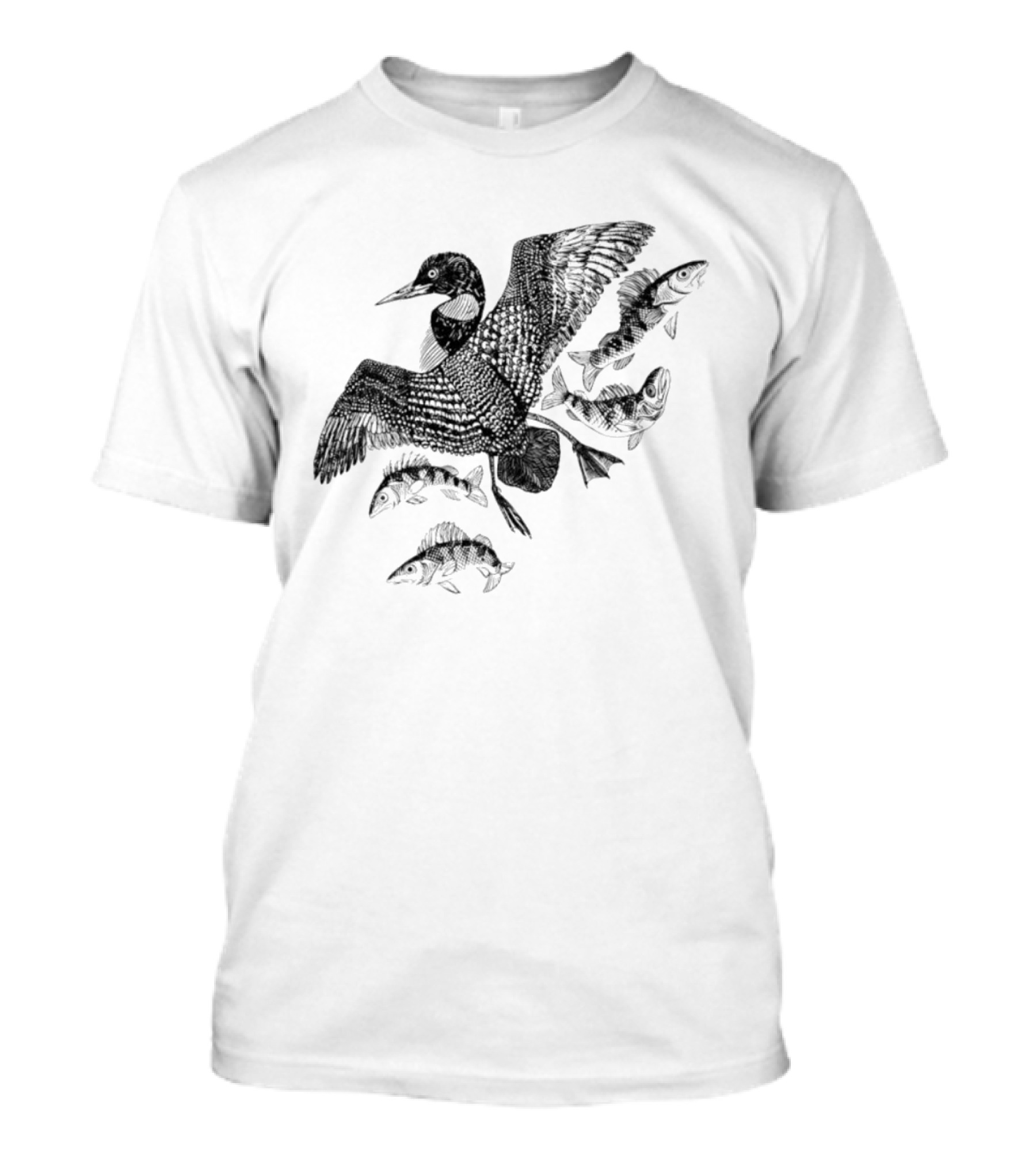 Common Loon And Fish Nature Scene Black T-Shirt