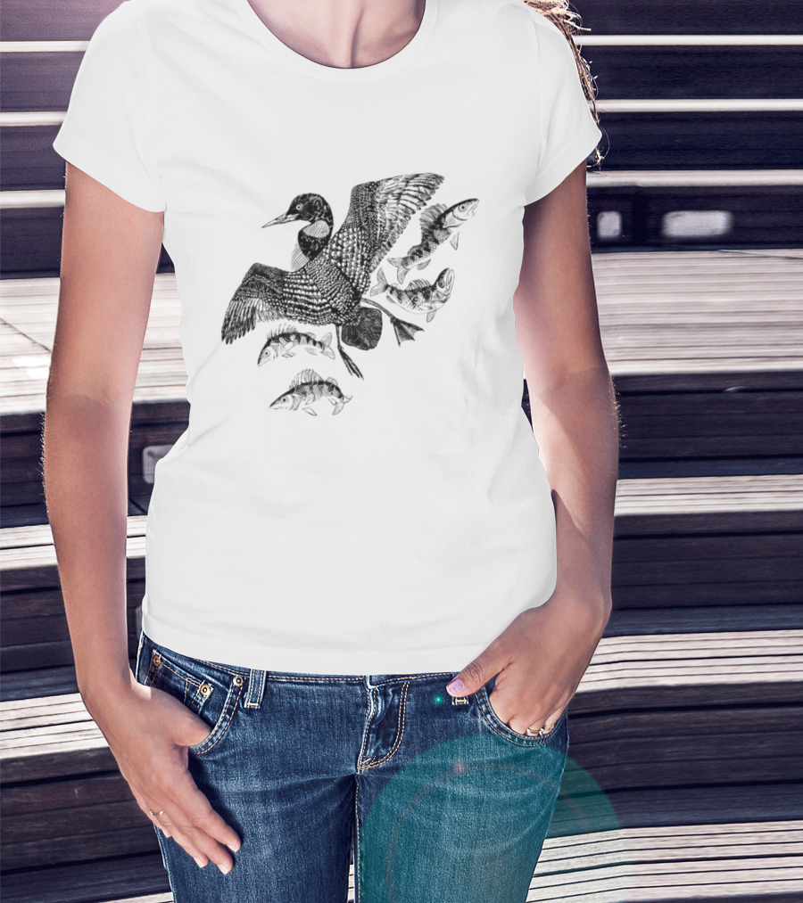 Common Loon And Fish Nature Scene Black T-Shirt