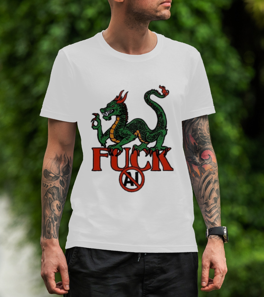 Green Dragon Fuck No AI Symbol With Bold Red T-Shirt