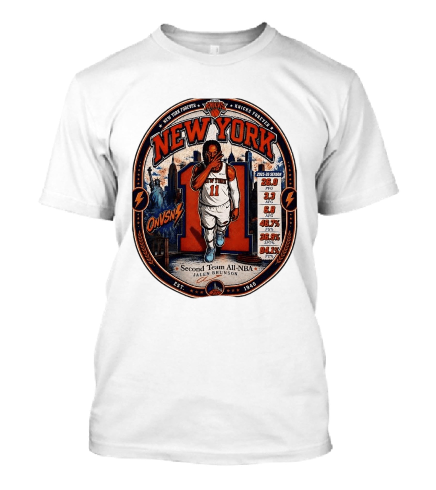 New York Knicks Jalen Brunson Second Team All NBA 2025 26 Season Stats T-Shirt