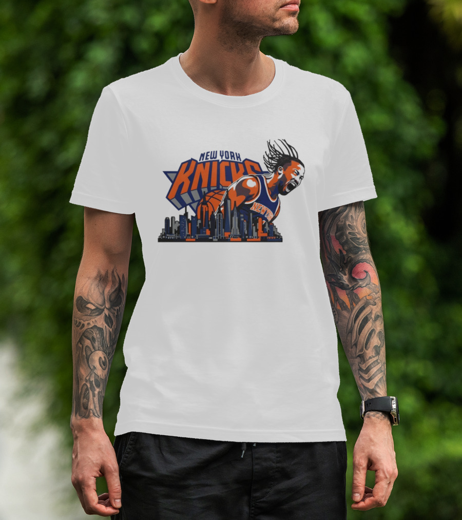New York Knicks Jalen Brunson Skyline Celebration T-Shirt