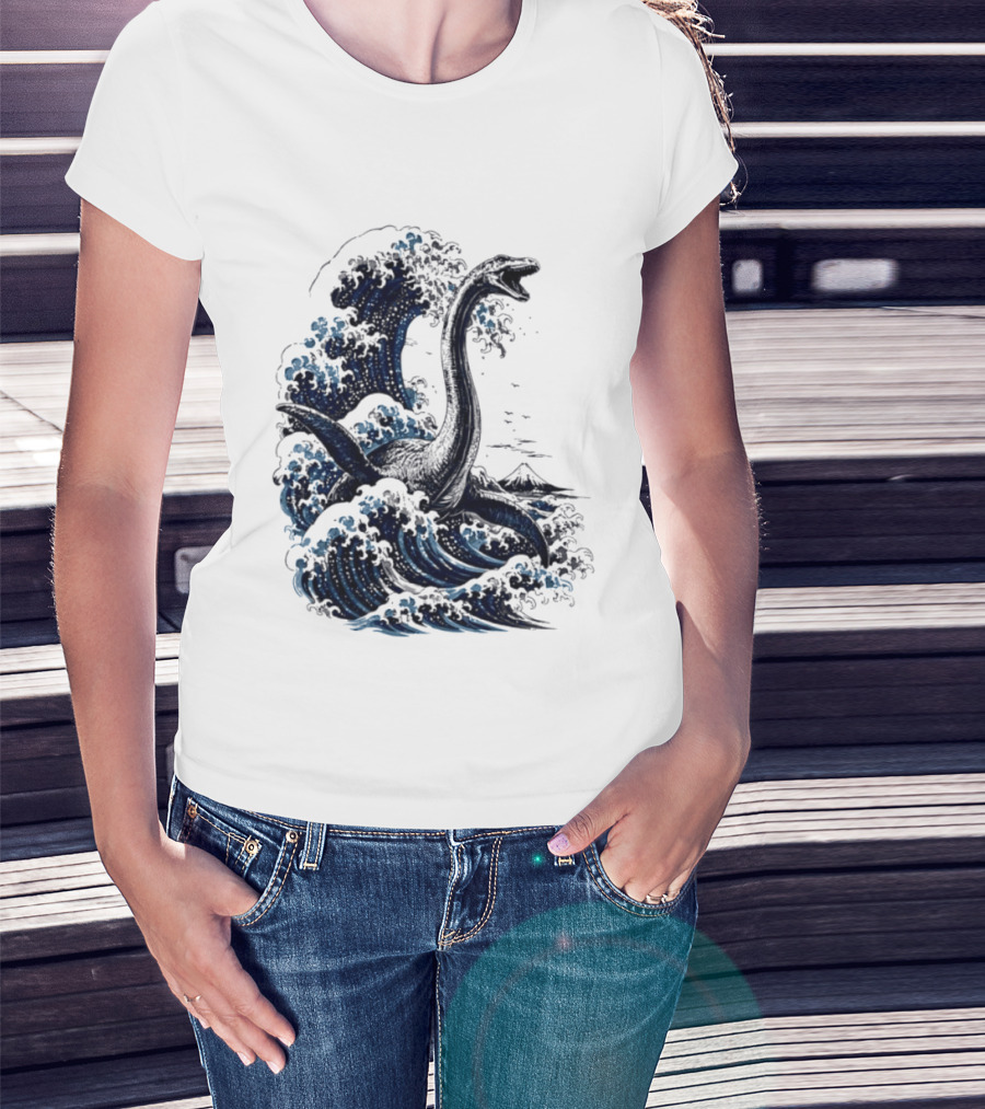 Great Wave Off Kanagawa Loch Ness Monster Mount Fuji Fusion T-Shirt
