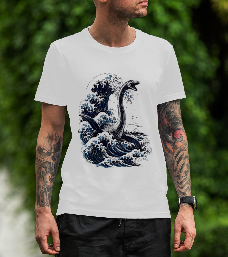 Great Wave Off Kanagawa Loch Ness Monster Mount Fuji Fusion T-Shirt