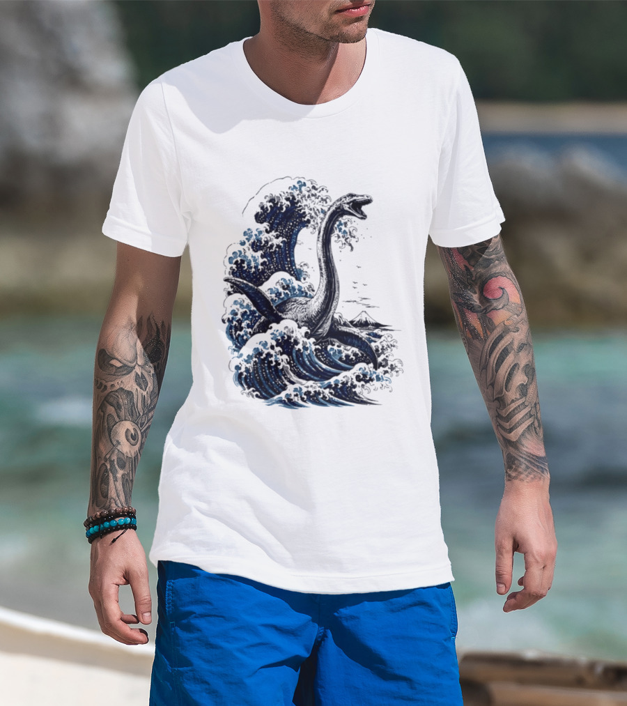 Great Wave Off Kanagawa Loch Ness Monster Mount Fuji Fusion T-Shirt