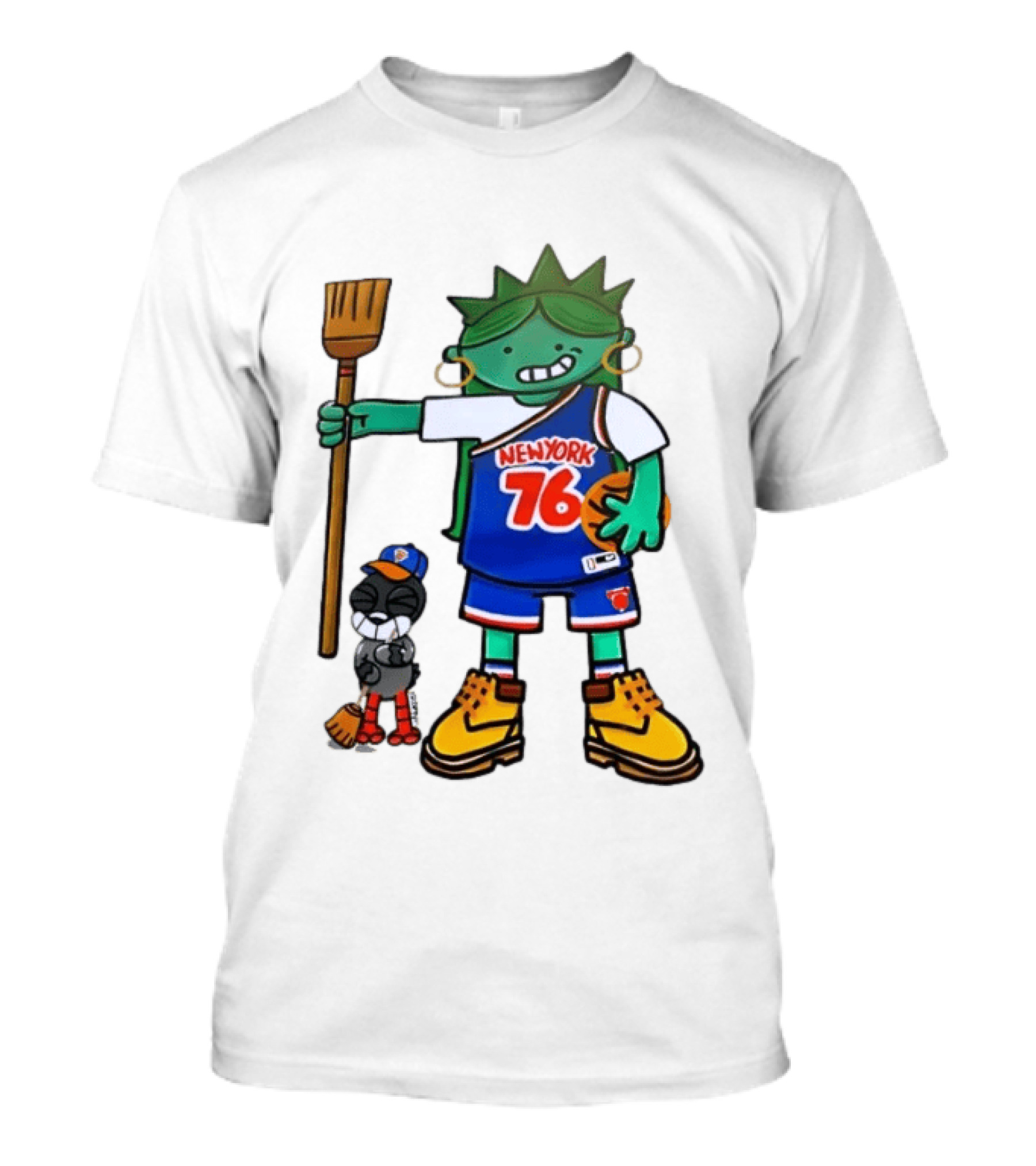 New York 76 Knicks Statue Liberty Broom Basketball 2024 T-Shirt