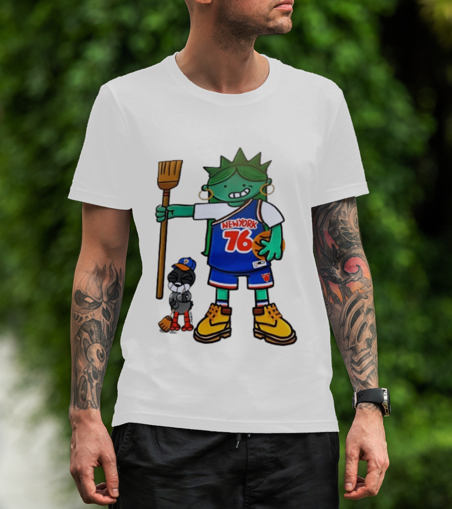 New York 76 Knicks Statue Liberty Broom Basketball 2024 T-Shirt