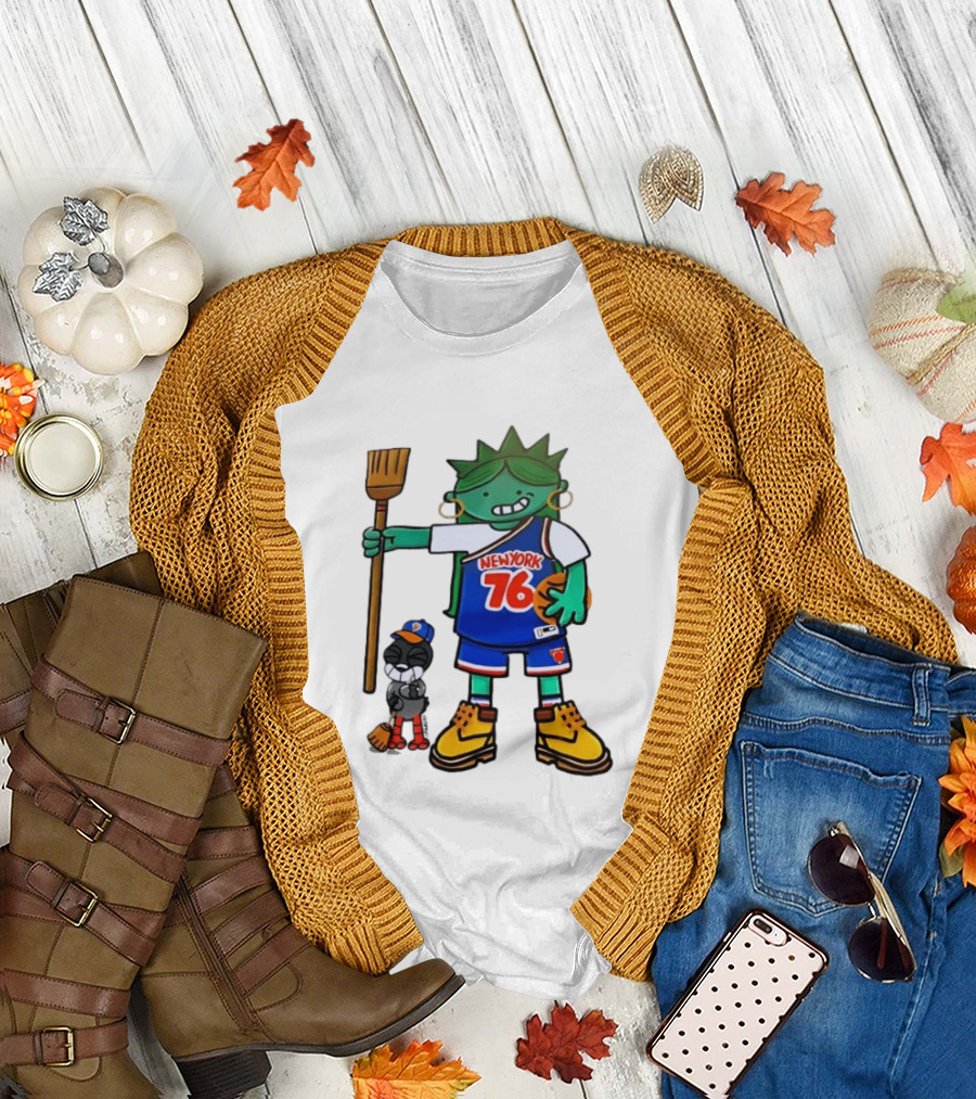New York 76 Knicks Statue Liberty Broom Basketball 2024 T-Shirt