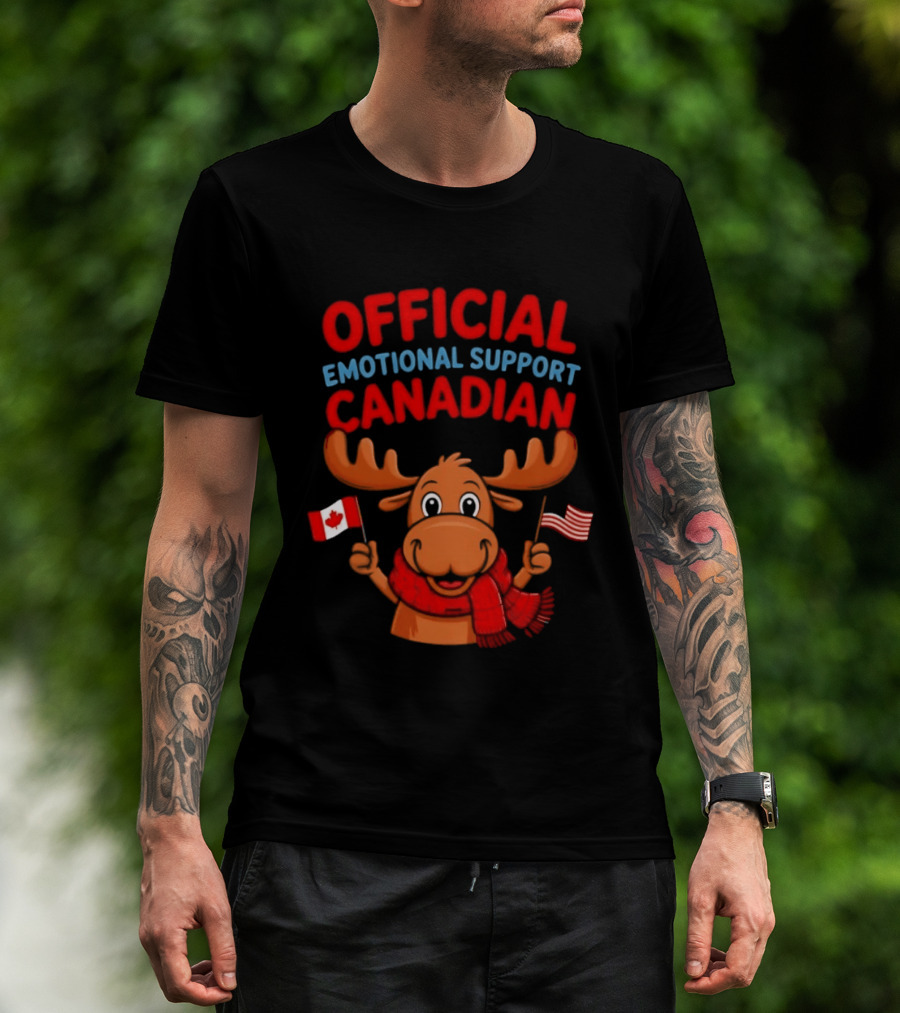 Official Emotional Support Canadian Moose With Canadian And American Flags T-Shirt