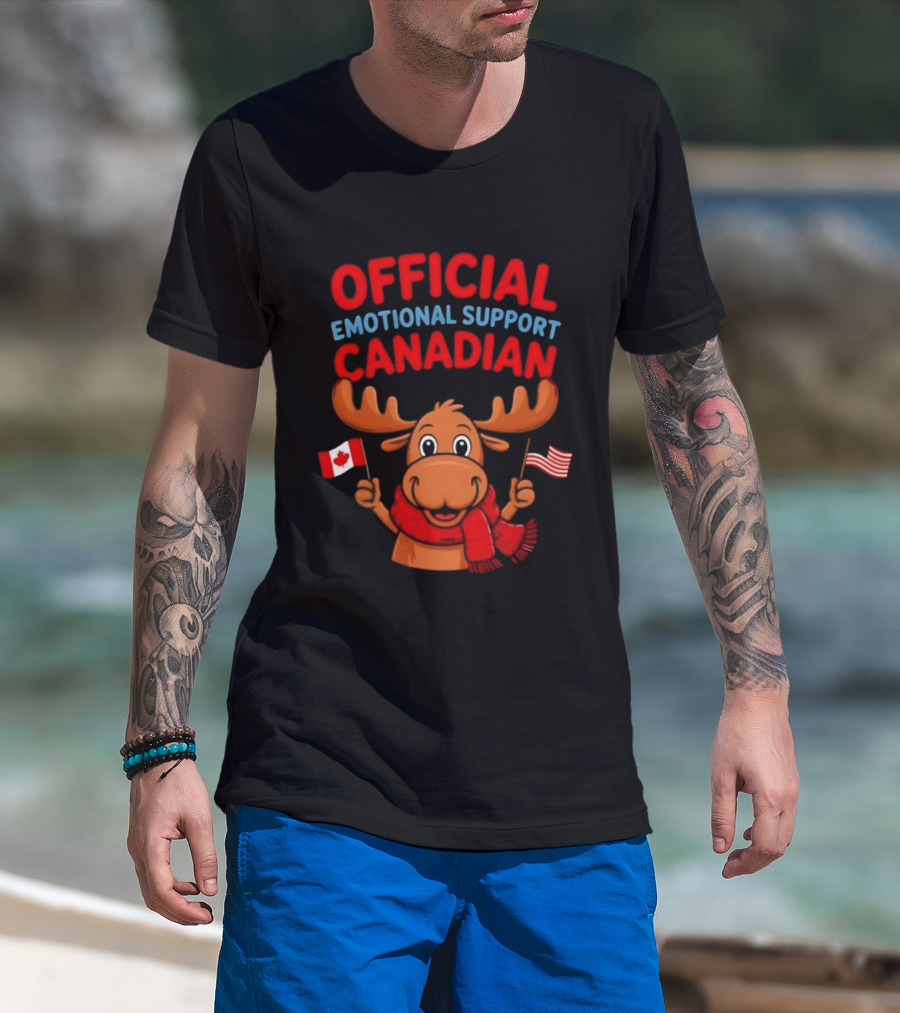 Official Emotional Support Canadian Moose With Canadian And American Flags T-Shirt