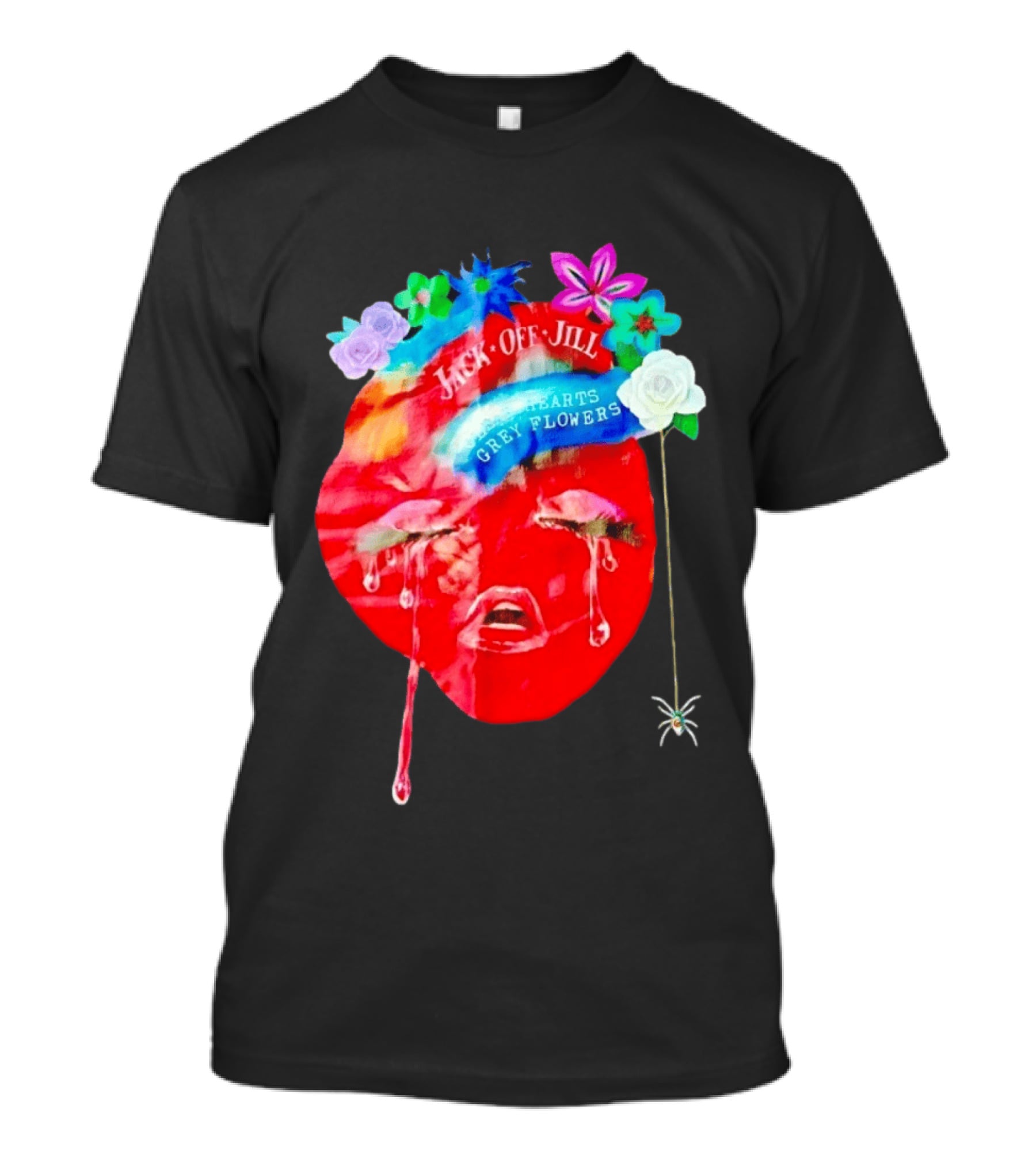 Jack Off Jill Clear Hearts Grey Flowers Crying Face With Colorful Floral Accents T-Shirt