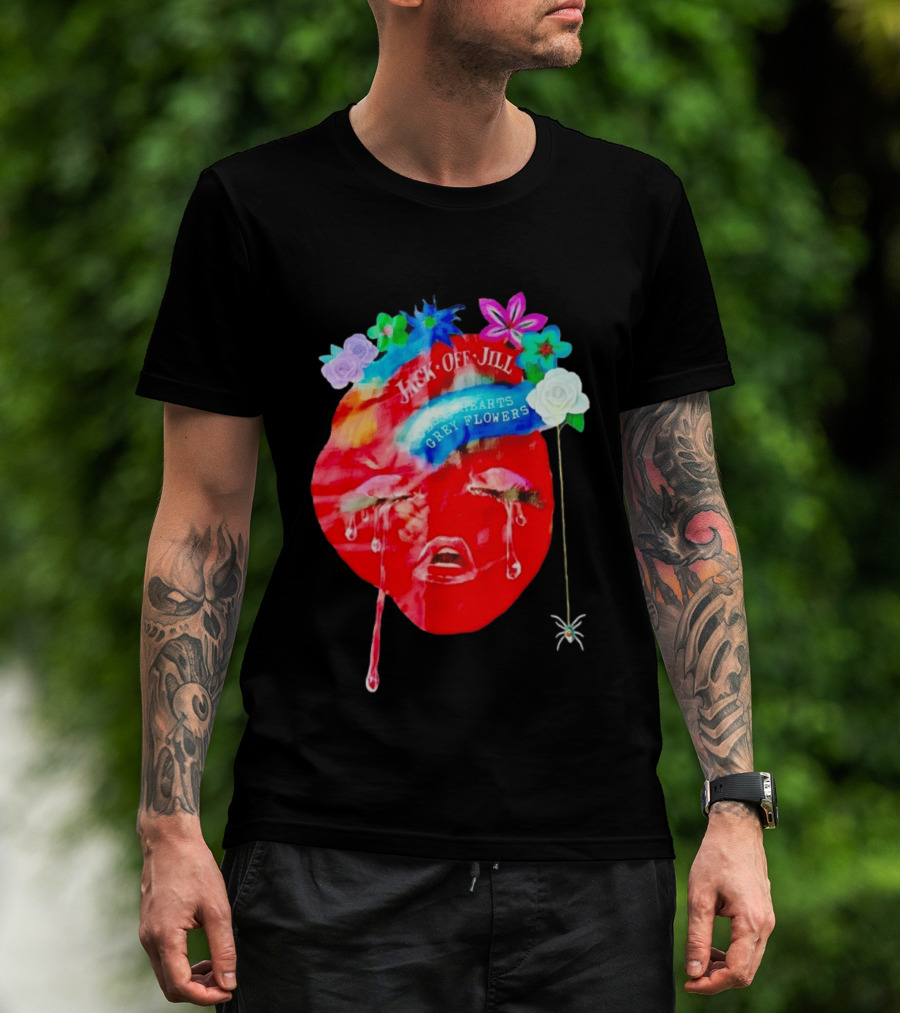 Jack Off Jill Clear Hearts Grey Flowers Crying Face With Colorful Floral Accents T-Shirt