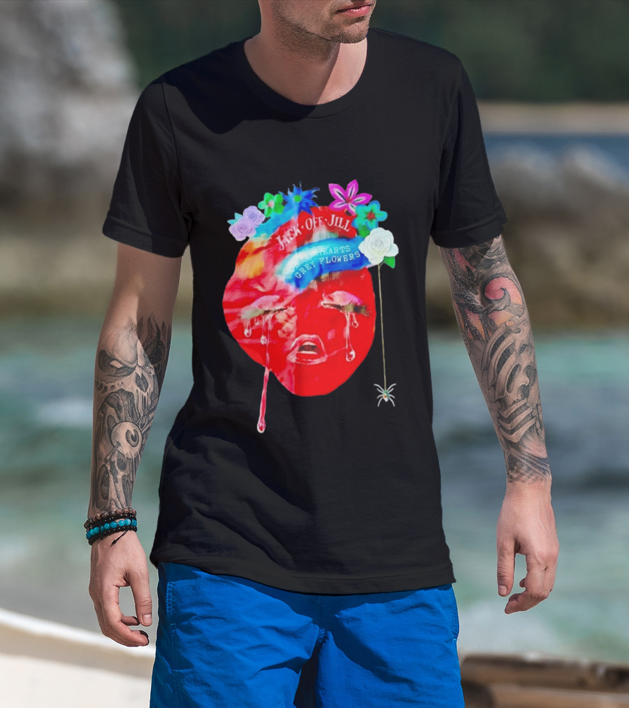 Jack Off Jill Clear Hearts Grey Flowers Crying Face With Colorful Floral Accents T-Shirt