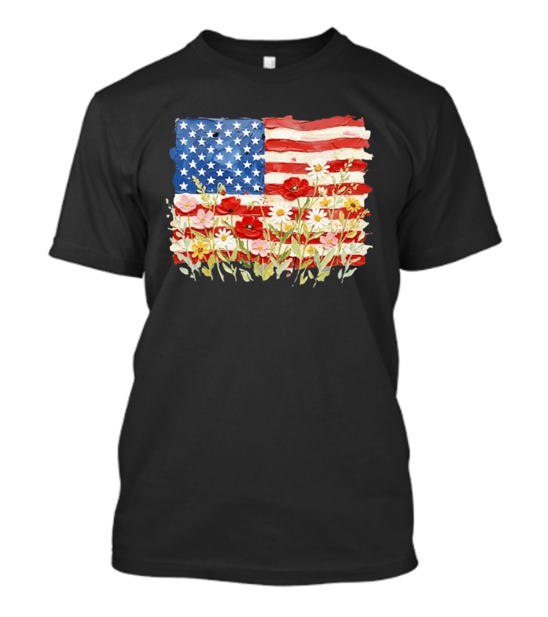 Floral American Flag With Impasto Texture And Flowers T-Shirt